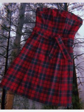 American Eagle Outfitters Red and Black Plaid Strapless Dress
